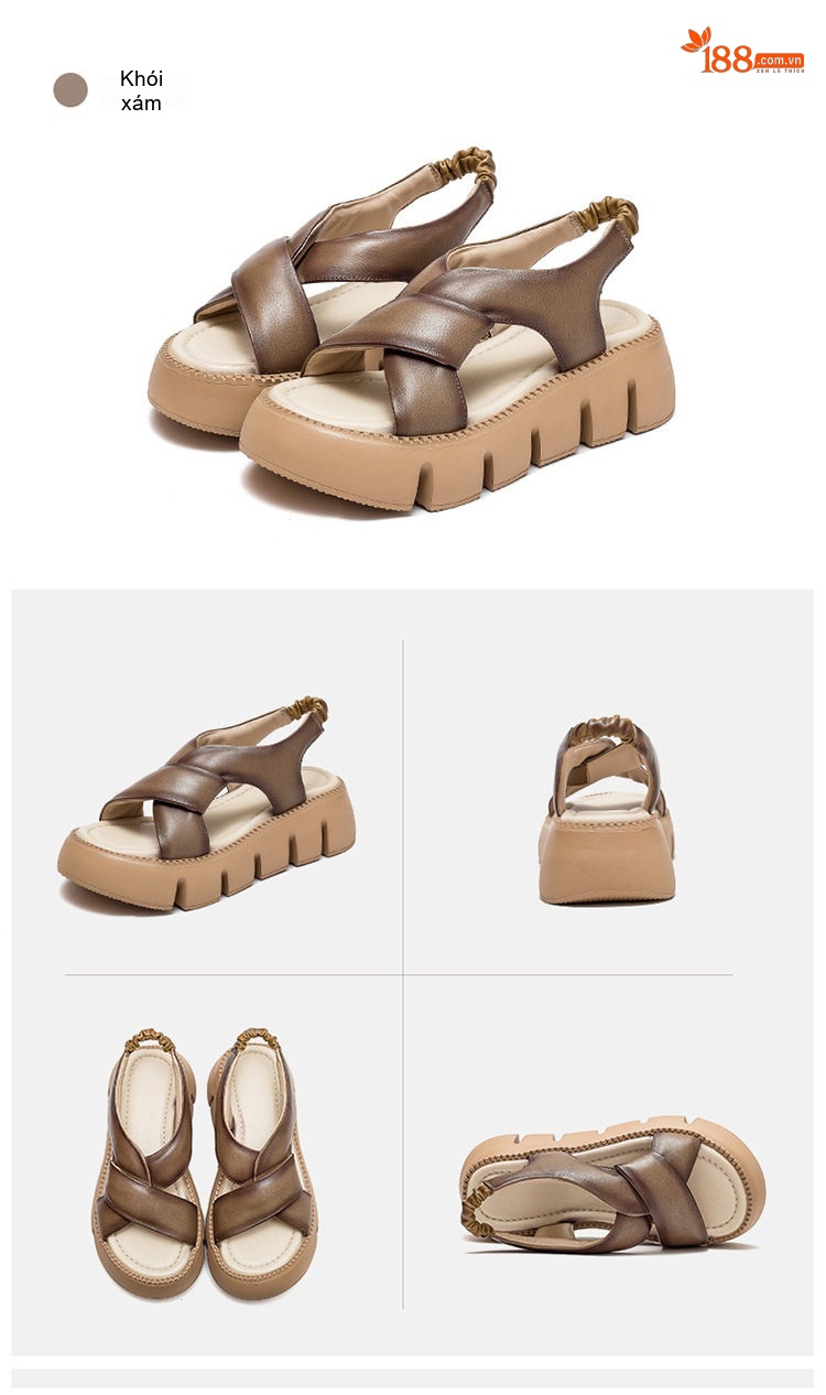 Dép Sandal Nữ Da Bò Quai Chéo Đế Cao 5cm - 6cm Màu Đen, Trắng, Nâu chi tiết 18