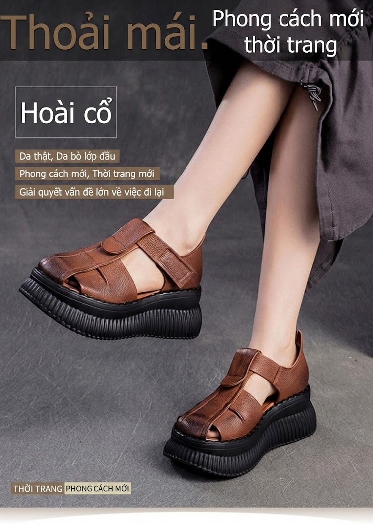 Dép Sandal Nữ Da Bò Quai Hở Mũi Đế Bằng Đế Cao 4cm - 5cm Màu Đen, Nâu chi tiết 1