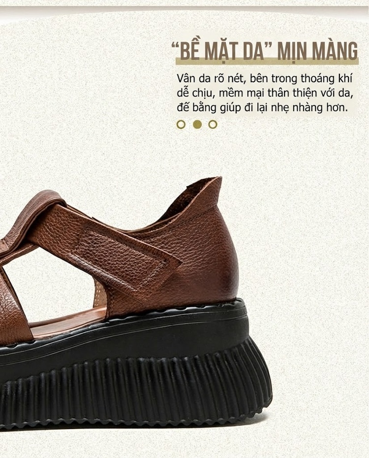 Dép Sandal Nữ Da Bò Quai Hở Mũi Đế Bằng Đế Cao 4cm - 5cm Màu Đen, Nâu chi tiết 2