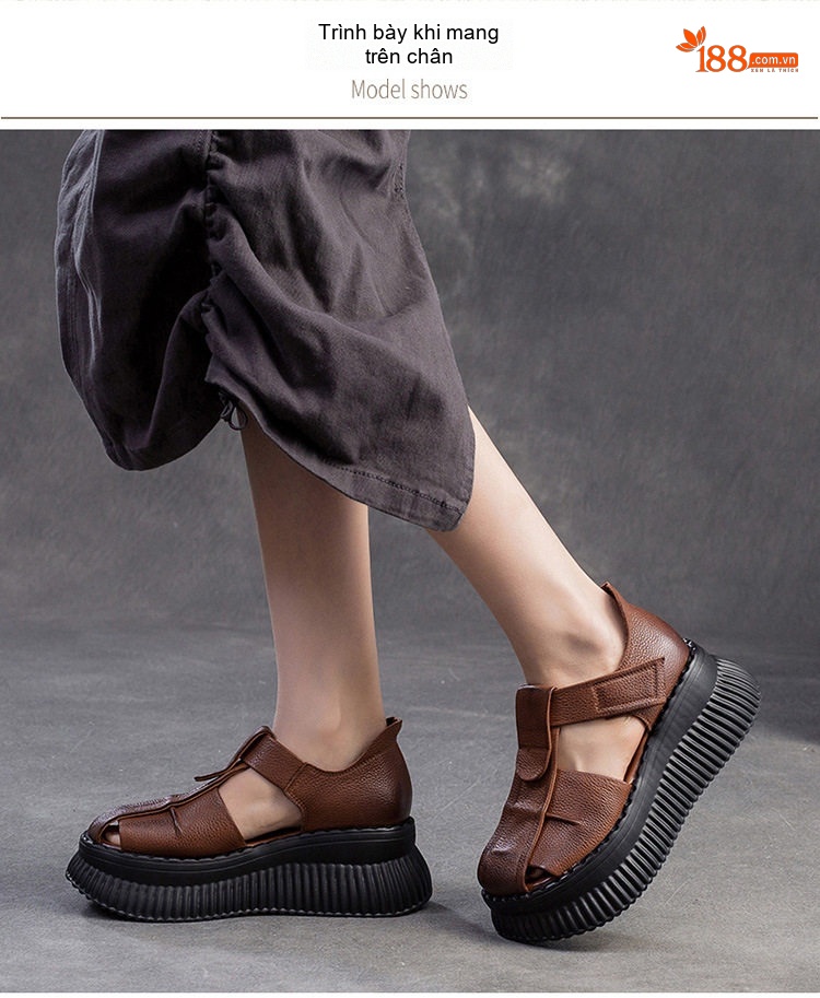 Dép Sandal Nữ Da Bò Quai Hở Mũi Đế Bằng Đế Cao 4cm - 5cm Màu Đen, Nâu chi tiết 6