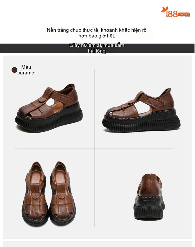 Dép Sandal Nữ Da Bò Quai Hở Mũi Đế Bằng Đế Cao 4cm - 5cm Màu Đen, Nâu chi tiết 15