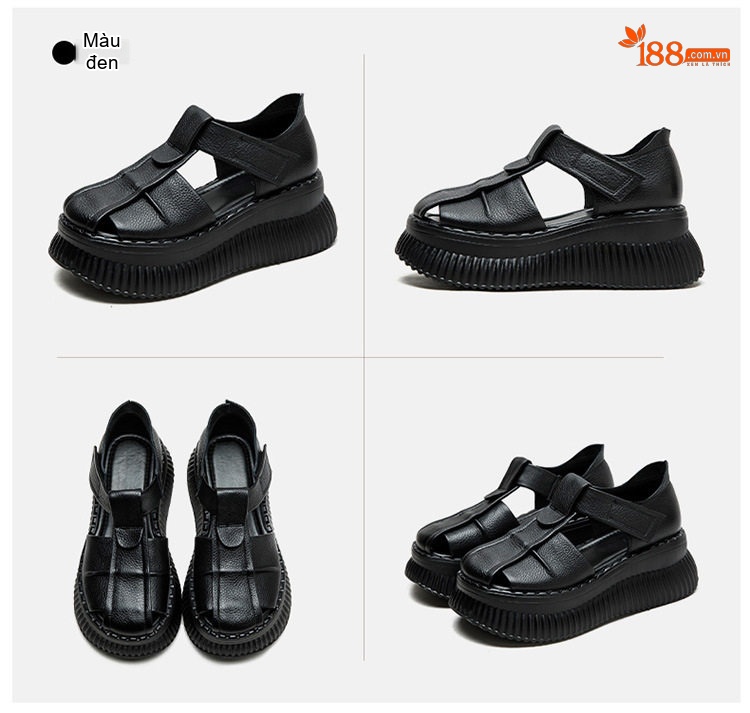 Dép Sandal Nữ Da Bò Quai Hở Mũi Đế Bằng Đế Cao 4cm - 5cm Màu Đen, Nâu chi tiết 16