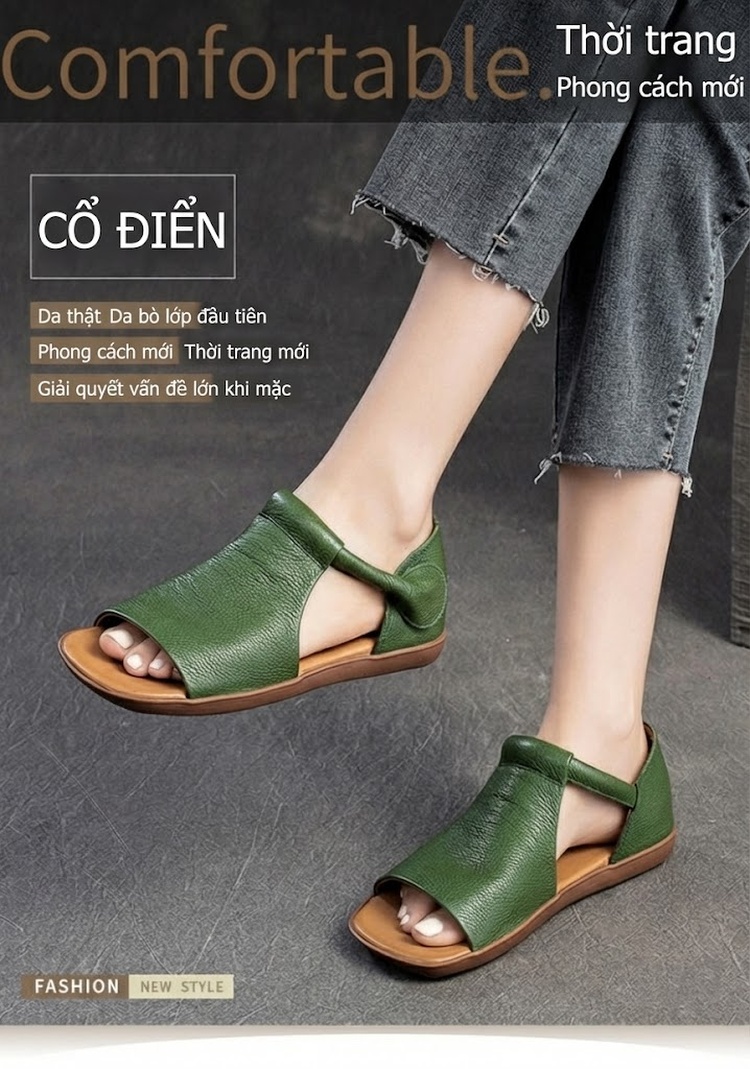 Dép Sandal Nữ Hở Mũi Da Bò Đế Cao 3cm - 4cm Màu Xanh Lá, Nâu, Đen chi tiết 1