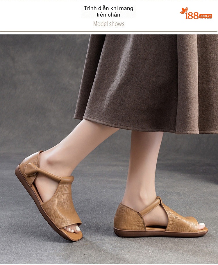 Dép Sandal Nữ Hở Mũi Da Bò Đế Cao 3cm - 4cm Màu Xanh Lá, Nâu, Đen chi tiết 6