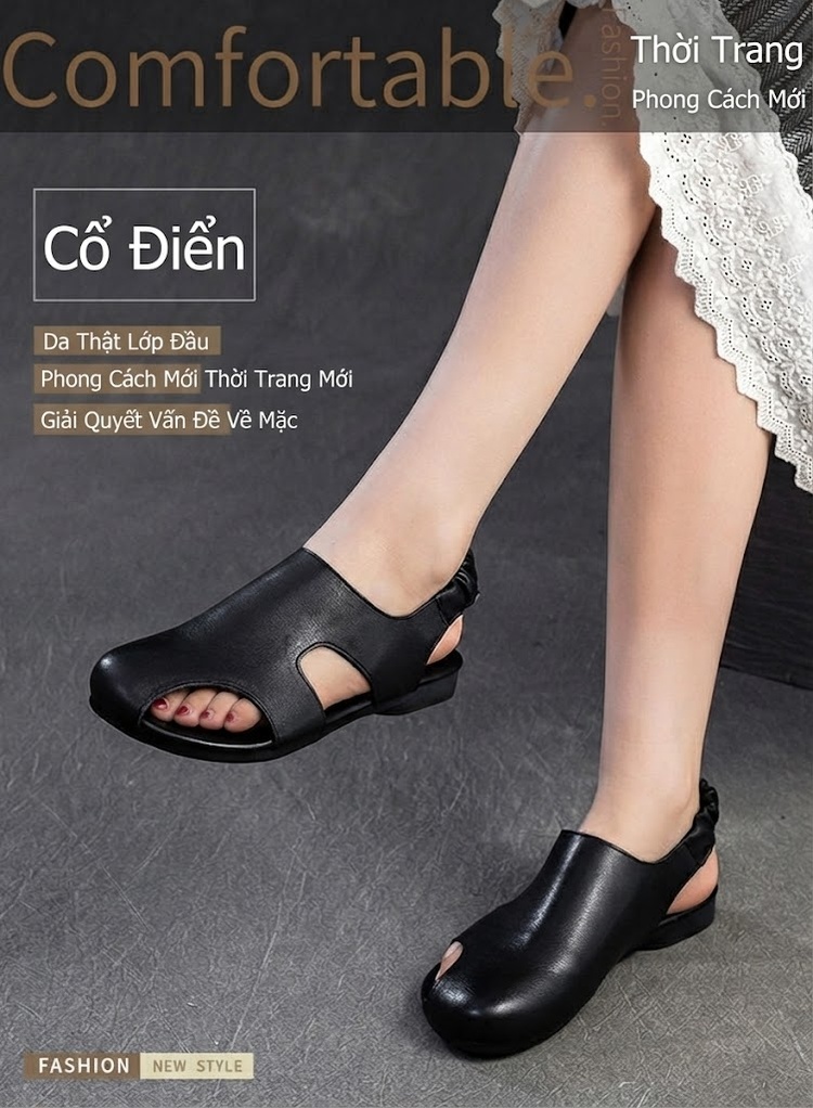 Dép Sandal Nữ Hở Ngón Da Bò Đế Cao 3cm - 4cm Màu Đen, Nâu chi tiết 2