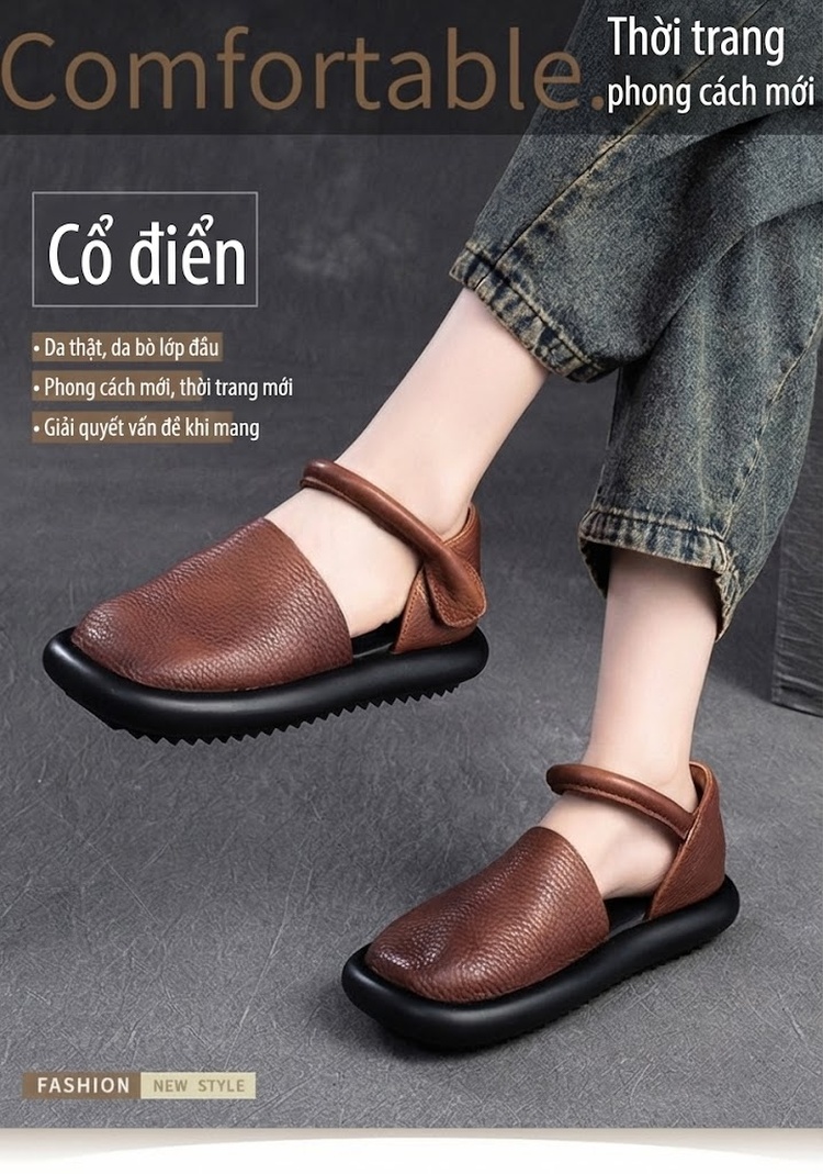 Dép Sandal Nữ Quai Hậu Da Bò Mềm Mại Đế Cao 3cm - 4cm Màu Đen, Nâu chi tiết 2