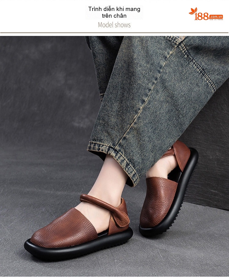 Dép Sandal Nữ Quai Hậu Da Bò Mềm Mại Đế Cao 3cm - 4cm Màu Đen, Nâu chi tiết 7