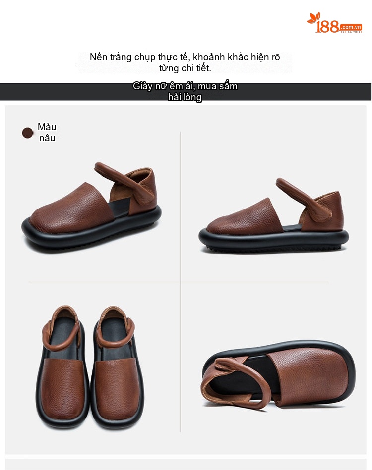 Dép Sandal Nữ Quai Hậu Da Bò Mềm Mại Đế Cao 3cm - 4cm Màu Đen, Nâu chi tiết 16