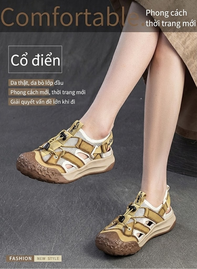 Dép Sandal Nữ Bít Mũi Da Bò Lưới Thoáng Khí Đế Cao 3cm - 4cm Màu Kem, Nâu chi tiết 2