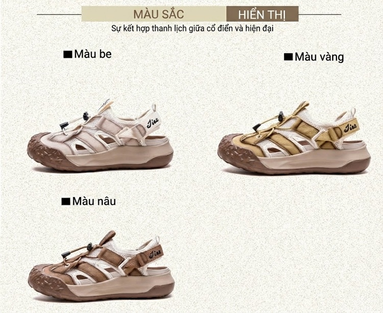 Dép Sandal Nữ Bít Mũi Da Bò Lưới Thoáng Khí Đế Cao 3cm - 4cm Màu Kem, Nâu chi tiết 3