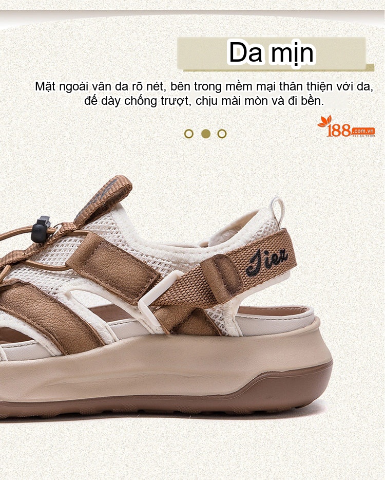 Dép Sandal Nữ Bít Mũi Da Bò Lưới Thoáng Khí Đế Cao 3cm - 4cm Màu Kem, Nâu chi tiết 4