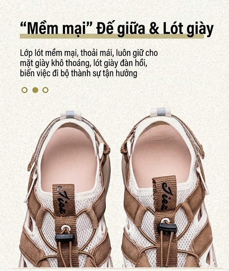 Dép Sandal Nữ Bít Mũi Da Bò Lưới Thoáng Khí Đế Cao 3cm - 4cm Màu Kem, Nâu chi tiết 7