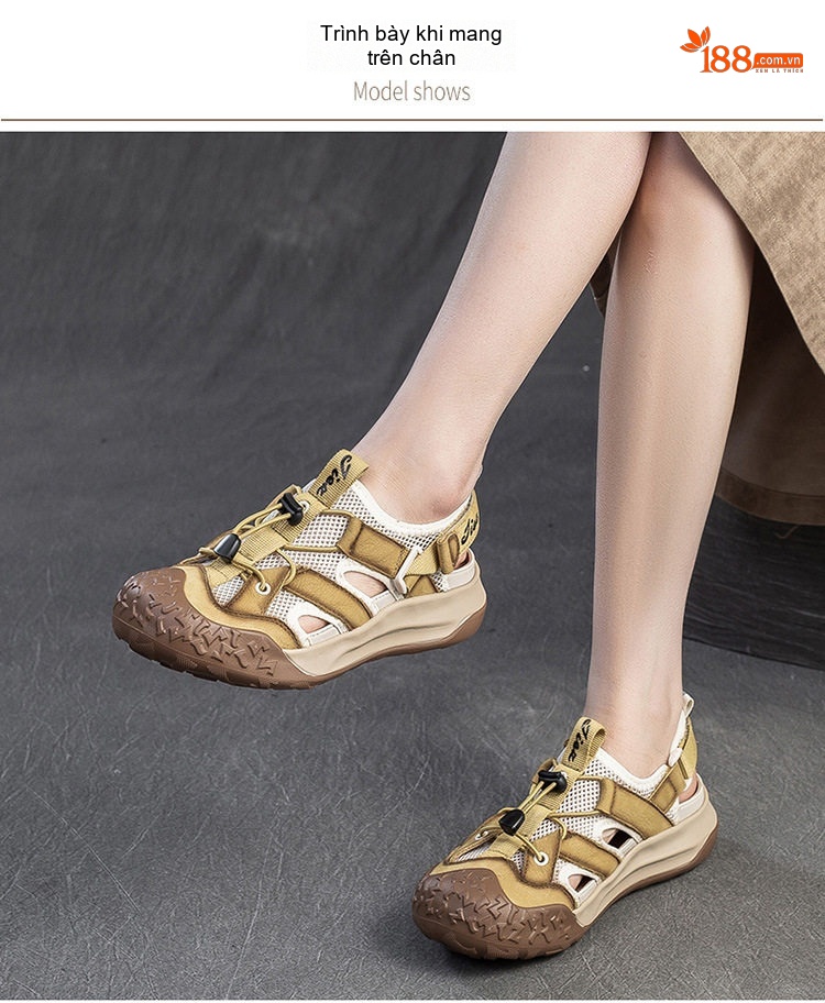 Dép Sandal Nữ Bít Mũi Da Bò Lưới Thoáng Khí Đế Cao 3cm - 4cm Màu Kem, Nâu chi tiết 8
