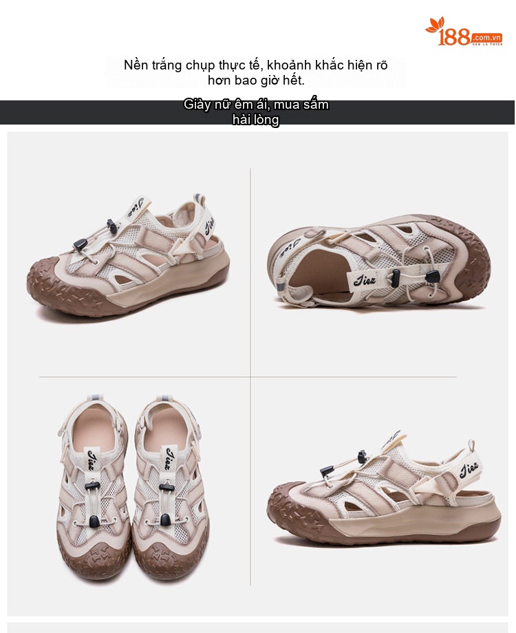 Dép Sandal Nữ Bít Mũi Da Bò Lưới Thoáng Khí Đế Cao 3cm - 4cm Màu Kem, Nâu chi tiết 17