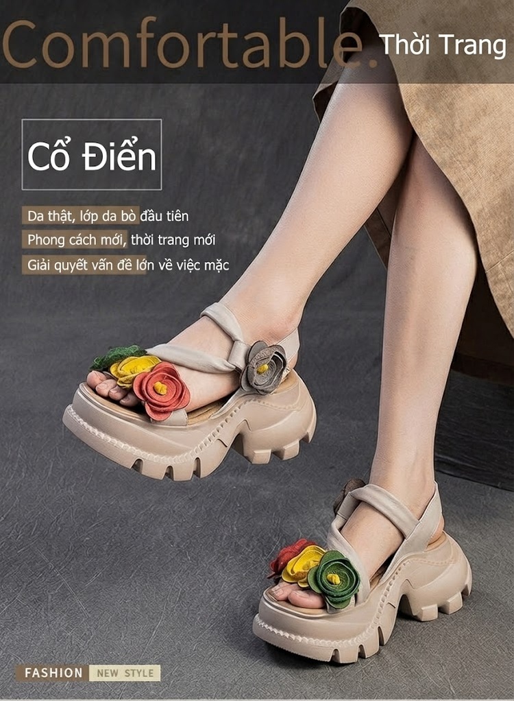 Dép Sandal Nữ Hở Mũi Da Bò Trang Trí Hoa Đế Cao 5cm - 6cm Nhiều Màu chi tiết 2
