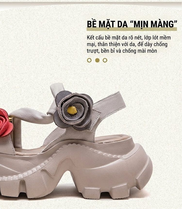 Dép Sandal Nữ Hở Mũi Da Bò Trang Trí Hoa Đế Cao 5cm - 6cm Nhiều Màu chi tiết 4