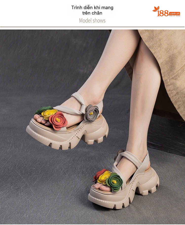 Dép Sandal Nữ Hở Mũi Da Bò Trang Trí Hoa Đế Cao 5cm - 6cm Nhiều Màu chi tiết 8