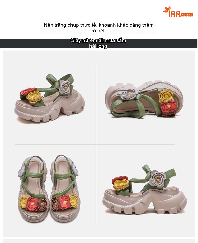 Dép Sandal Nữ Hở Mũi Da Bò Trang Trí Hoa Đế Cao 5cm - 6cm Nhiều Màu chi tiết 17