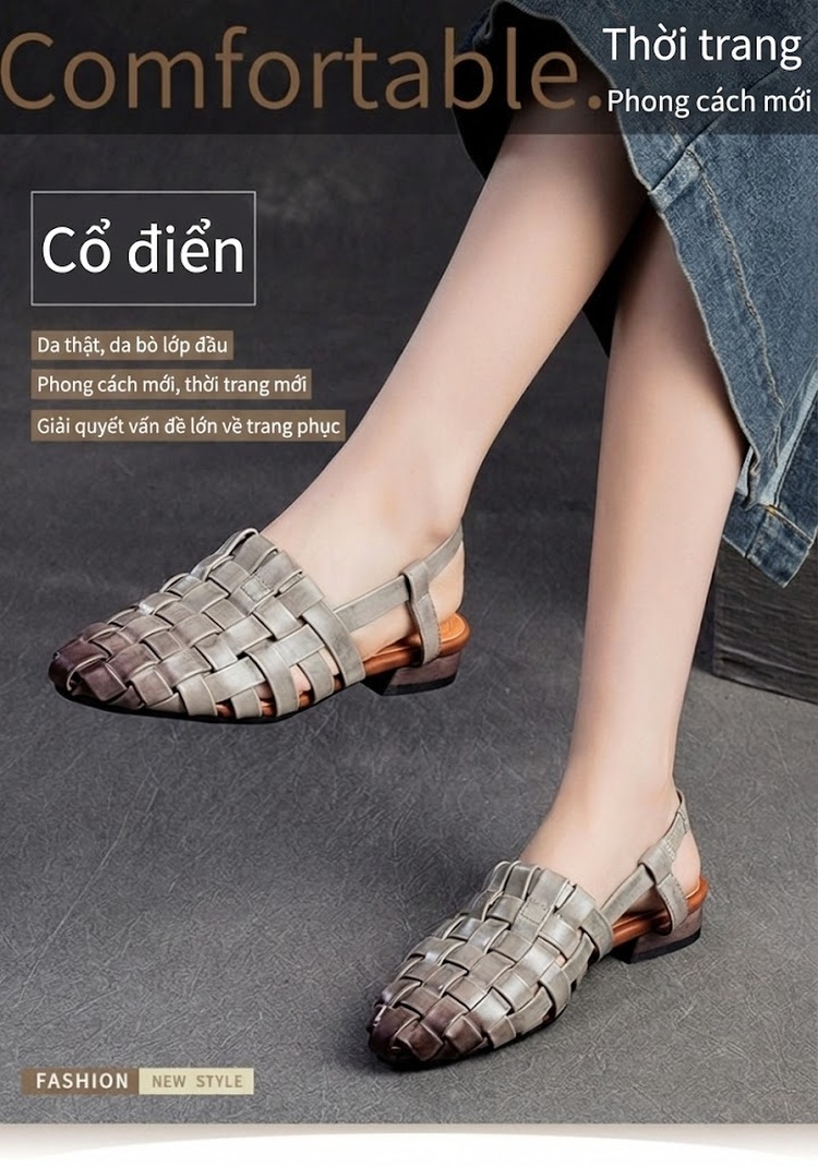 Dép Sandal Nữ Bít Mũi Da Thật Đan Lưới Thủ Công Đế Cao 3cm - 4cm Màu Trắng, Xám chi tiết 2