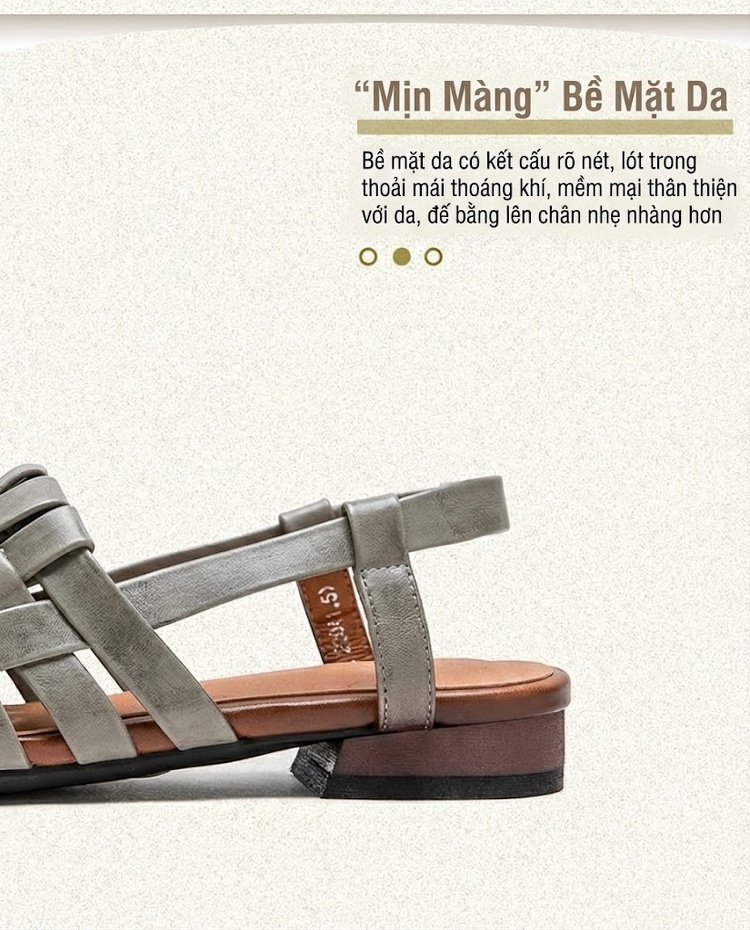 Dép Sandal Nữ Bít Mũi Da Thật Đan Lưới Thủ Công Đế Cao 3cm - 4cm Màu Trắng, Xám chi tiết 3