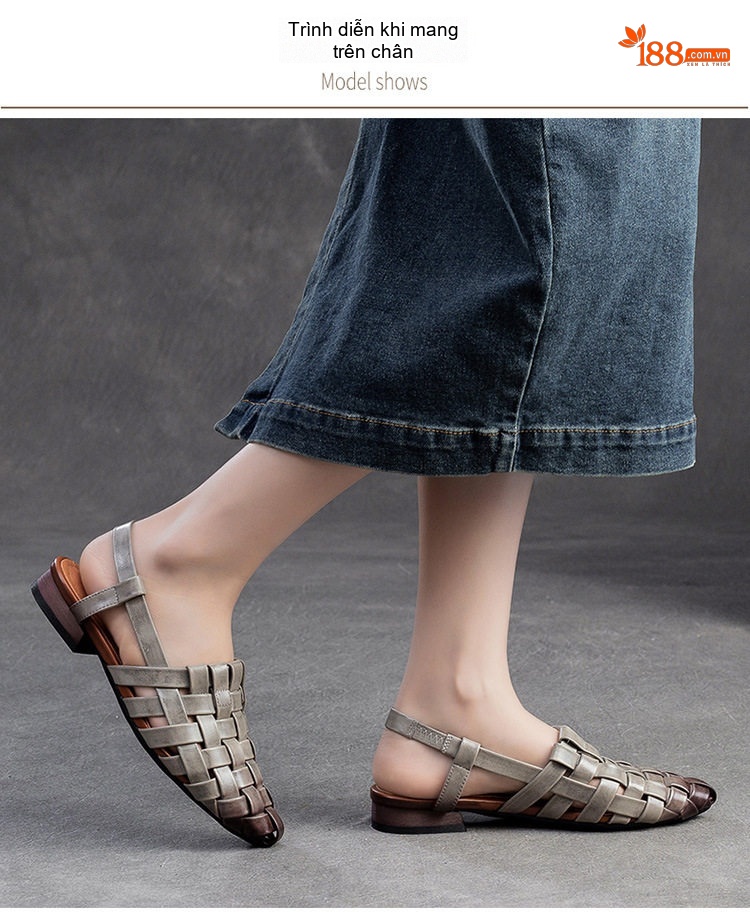 Dép Sandal Nữ Bít Mũi Da Thật Đan Lưới Thủ Công Đế Cao 3cm - 4cm Màu Trắng, Xám chi tiết 7