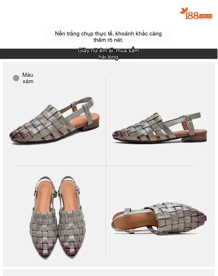 Dép Sandal Nữ Bít Mũi Da Thật Đan Lưới Thủ Công Đế Cao 3cm - 4cm Màu Trắng, Xám chi tiết 16