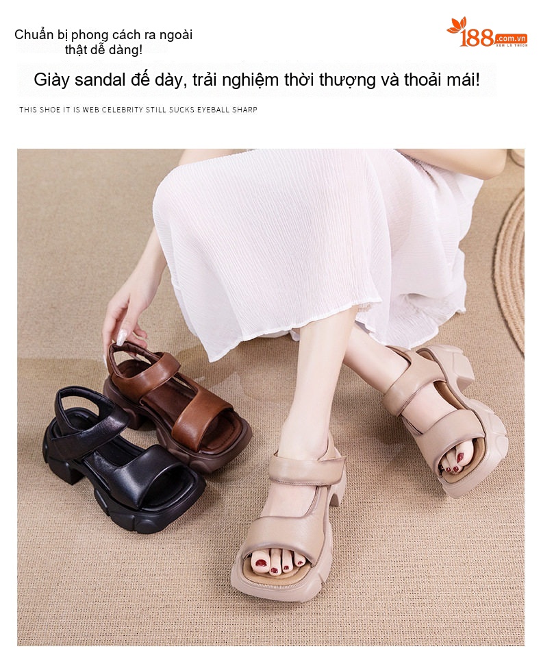 Dép Sandal Nữ Da Bò Quai Bản To Đế Cao 5cm - 6cm Màu Đen, Nâu, Kem chi tiết 4