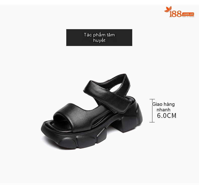 Dép Sandal Nữ Da Bò Quai Bản To Đế Cao 5cm - 6cm Màu Đen, Nâu, Kem chi tiết 5