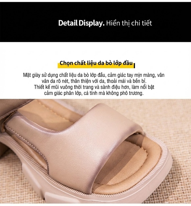 Dép Sandal Nữ Da Bò Quai Bản To Đế Cao 5cm - 6cm Màu Đen, Nâu, Kem chi tiết 7