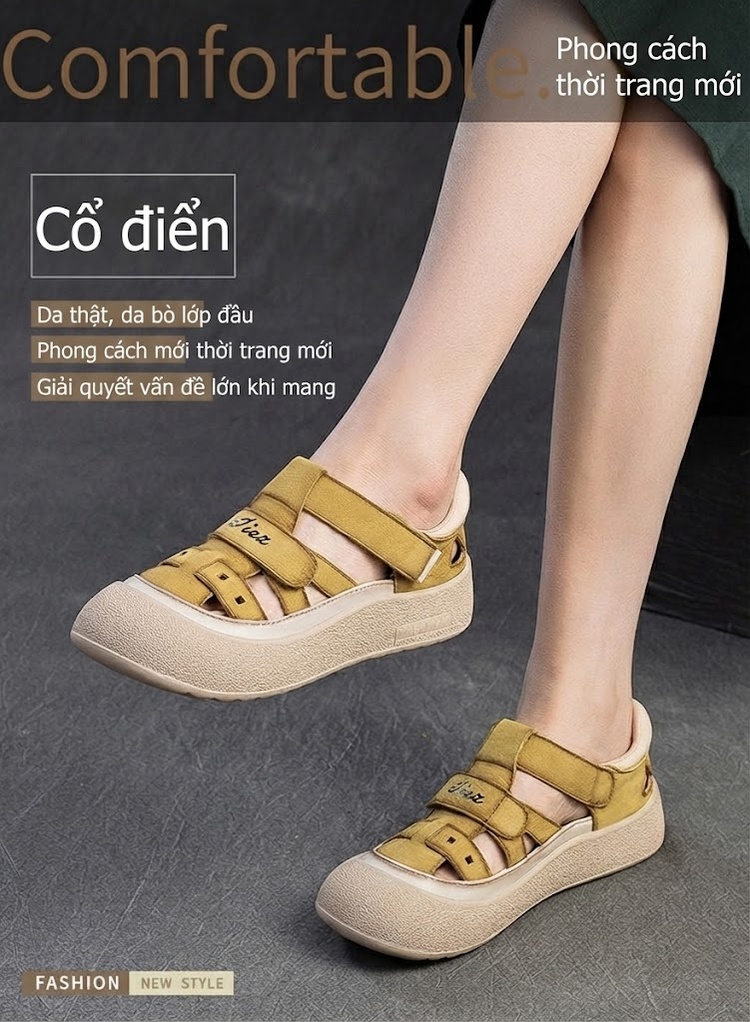 Dép Sandal Nữ Da Bò Lỗ Thoáng Khí Đế Cao 3cm - 4cm Màu Vàng, Đỏ, Kem chi tiết 1