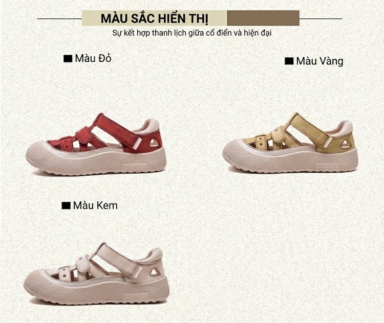 Dép Sandal Nữ Da Bò Lỗ Thoáng Khí Đế Cao 3cm - 4cm Màu Vàng, Đỏ, Kem chi tiết 2