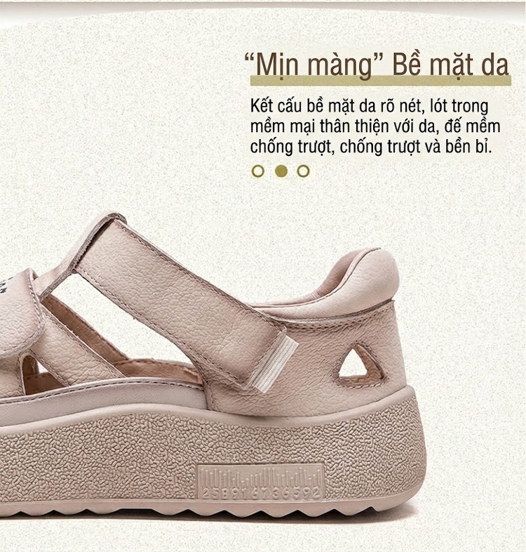Dép Sandal Nữ Da Bò Lỗ Thoáng Khí Đế Cao 3cm - 4cm Màu Vàng, Đỏ, Kem chi tiết 3