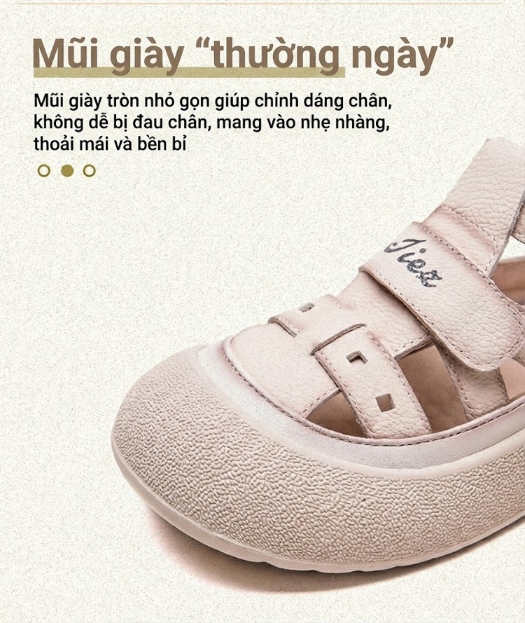 Dép Sandal Nữ Da Bò Lỗ Thoáng Khí Đế Cao 3cm - 4cm Màu Vàng, Đỏ, Kem chi tiết 4