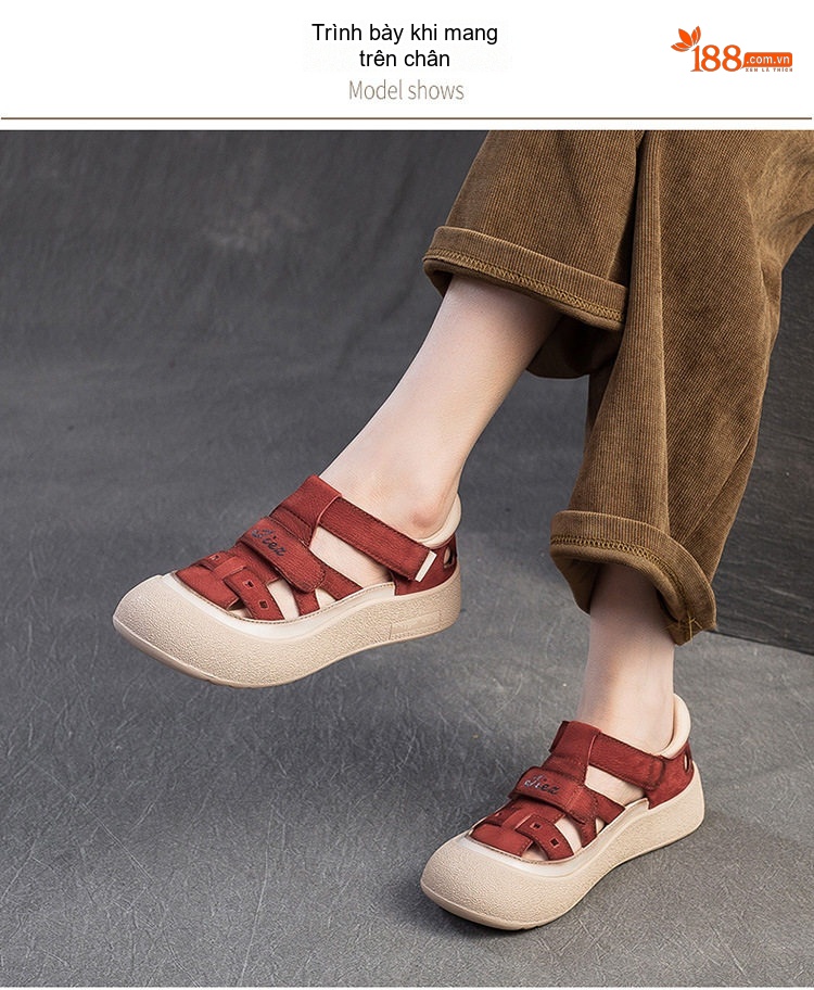 Dép Sandal Nữ Da Bò Lỗ Thoáng Khí Đế Cao 3cm - 4cm Màu Vàng, Đỏ, Kem chi tiết 7