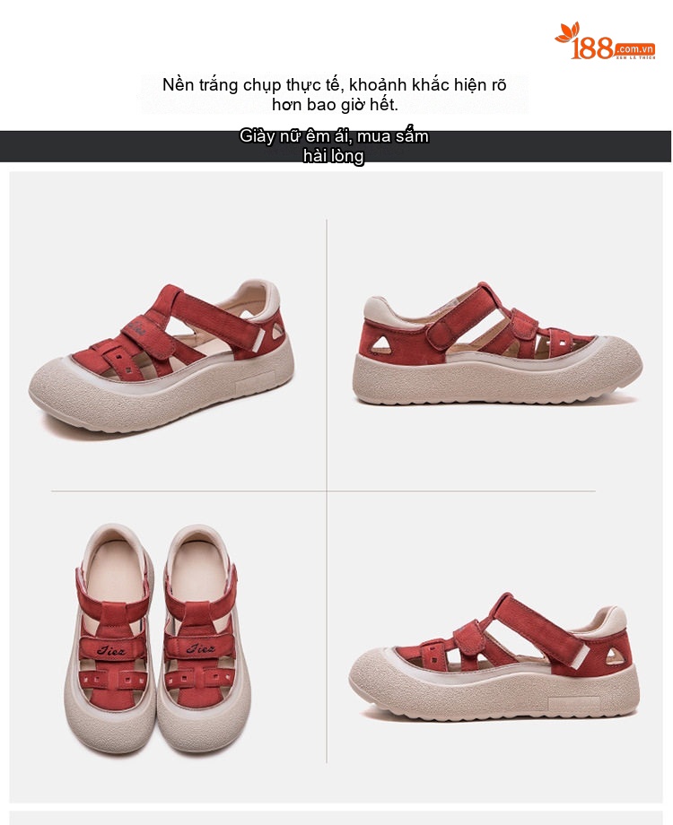 Dép Sandal Nữ Da Bò Lỗ Thoáng Khí Đế Cao 3cm - 4cm Màu Vàng, Đỏ, Kem chi tiết 16