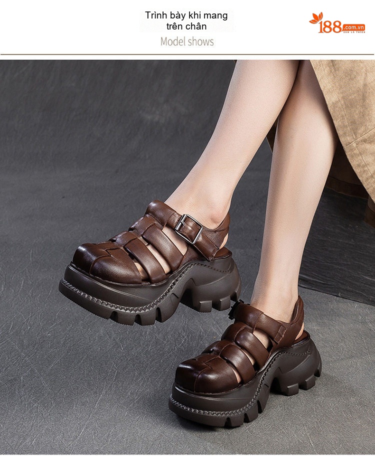 Dép Sandal Nữ Quai Hậu Da Bò Đế Cao 5cm - 6cm Màu Đen, Xám, Nâu, Xanh... chi tiết 8