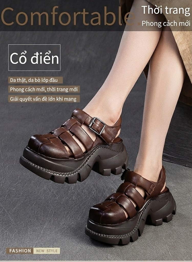 Dép Sandal Nữ Quai Hậu Da Bò Đế Cao 5cm - 6cm Màu Đen, Xám, Nâu, Xanh... chi tiết 2