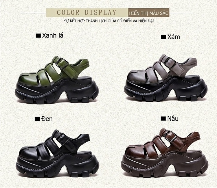 Dép Sandal Nữ Quai Hậu Da Bò Đế Cao 5cm - 6cm Màu Đen, Xám, Nâu, Xanh... chi tiết 3