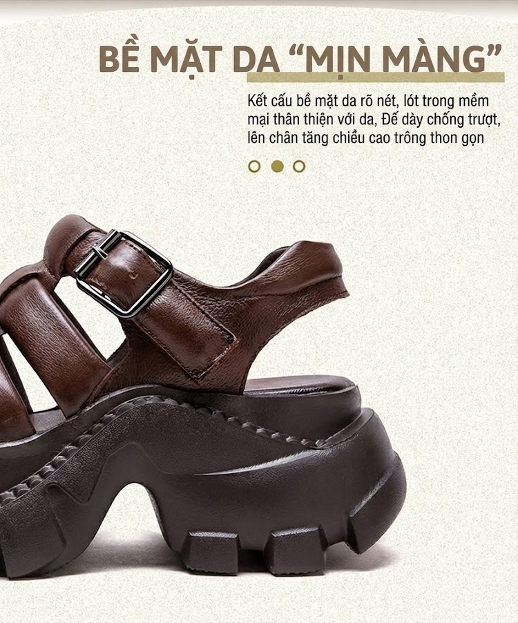 Dép Sandal Nữ Quai Hậu Da Bò Đế Cao 5cm - 6cm Màu Đen, Xám, Nâu, Xanh... chi tiết 4