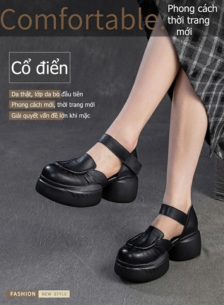 Dép Sandal Nữ Quai Hậu Da Bò Đế Cao 5cm - 6cm Màu Đen, Nâu chi tiết 2