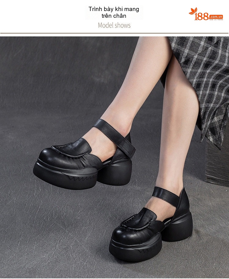 Dép Sandal Nữ Quai Hậu Da Bò Đế Cao 5cm - 6cm Màu Đen, Nâu chi tiết 8