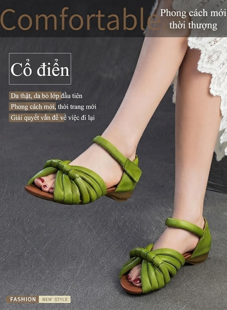 Dép Sandal Nữ Da Bò Mũi Hở Quai Dạng Nơ Đế Cao 3cm - 4cm Màu Kem, Xanh Lá chi tiết 2