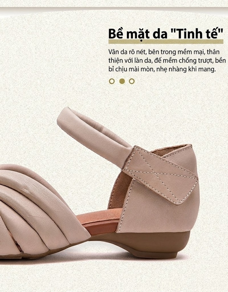 Dép Sandal Nữ Da Bò Mũi Hở Quai Dạng Nơ Đế Cao 3cm - 4cm Màu Kem, Xanh Lá chi tiết 4