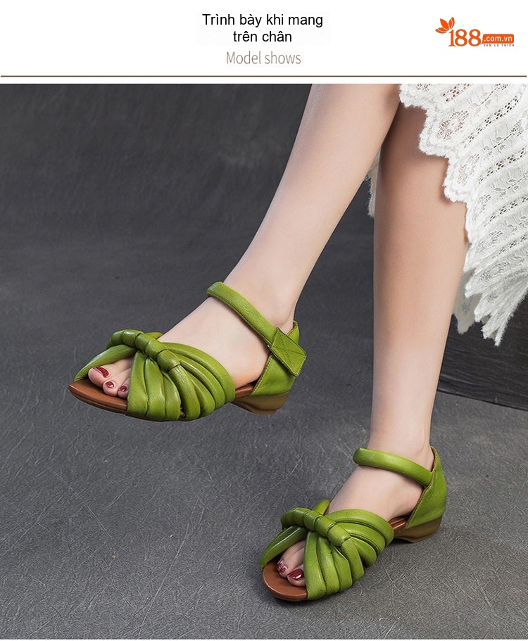 Dép Sandal Nữ Da Bò Mũi Hở Quai Dạng Nơ Đế Cao 3cm - 4cm Màu Kem, Xanh Lá chi tiết 8