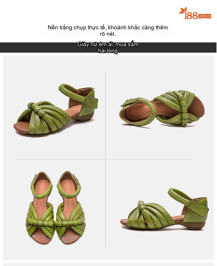 Dép Sandal Nữ Da Bò Mũi Hở Quai Dạng Nơ Đế Cao 3cm - 4cm Màu Kem, Xanh Lá chi tiết 17