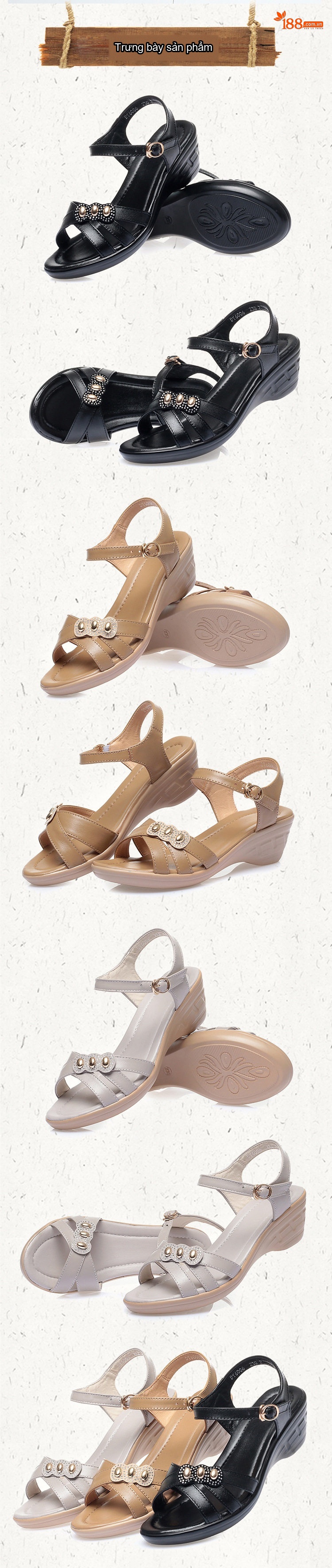 Dép Sandal Nữ Da Bóng Quai Chéo Đính Đá Đế Xuồng Đế Cao 5cm - 6cm Màu Đen, Nâu, Xám chi tiết 6
