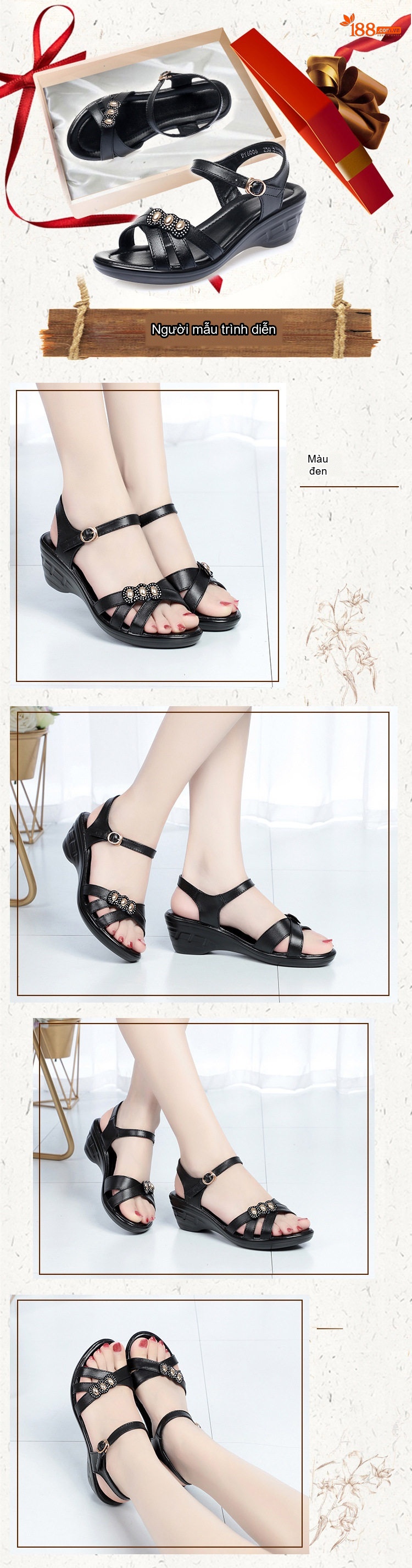 Dép Sandal Nữ Da Bóng Quai Chéo Đính Đá Đế Xuồng Đế Cao 5cm - 6cm Màu Đen, Nâu, Xám chi tiết 3