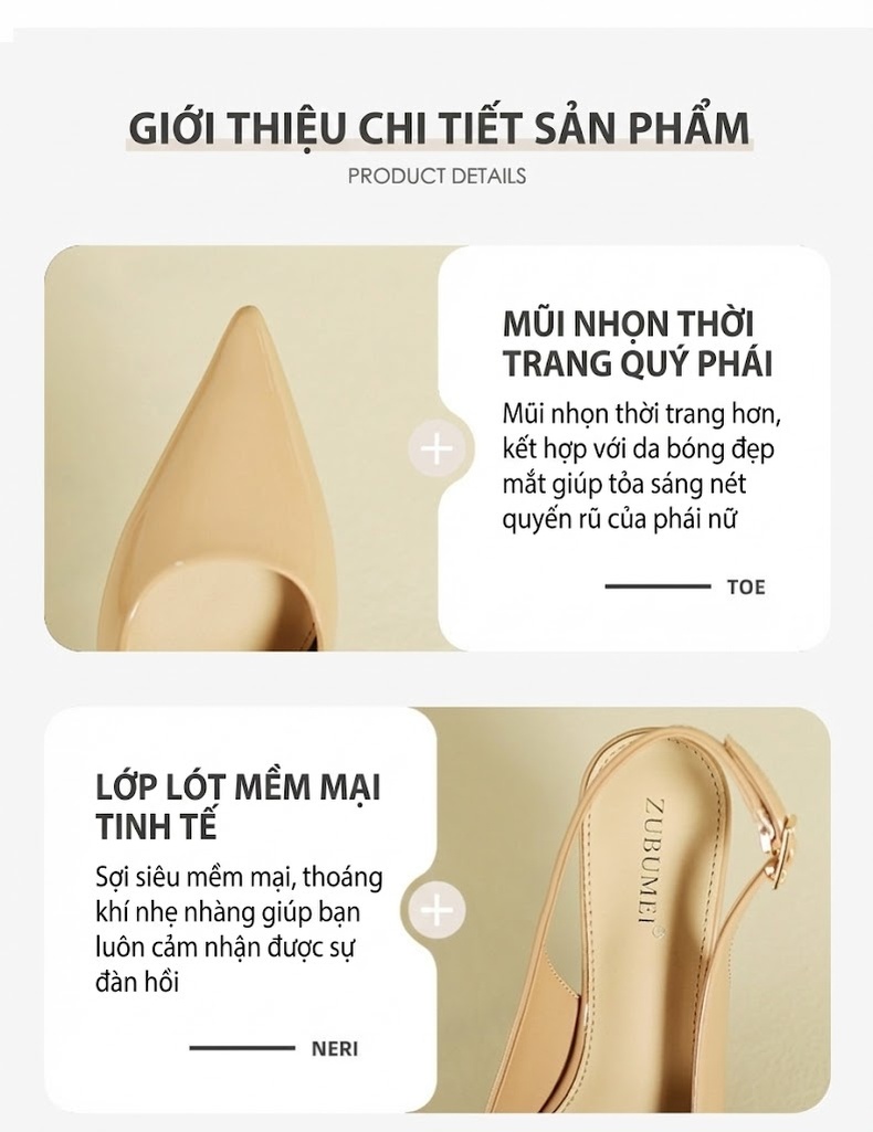 Giày Sandal Cao Gót Nữ Hở Gót Mũi Nhọn Da Bóng Gót Cao 7cm - 8cm Màu Kem, Trắng, Đen chi tiết 3