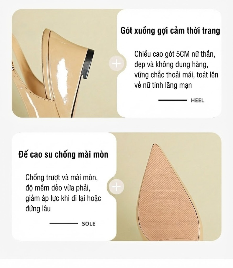 Giày Sandal Cao Gót Nữ Hở Gót Mũi Nhọn Da Bóng Gót Cao 7cm - 8cm Màu Kem, Trắng, Đen chi tiết 4