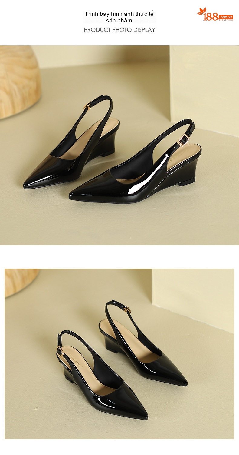 Giày Sandal Cao Gót Nữ Hở Gót Mũi Nhọn Da Bóng Gót Cao 7cm - 8cm Màu Kem, Trắng, Đen chi tiết 10